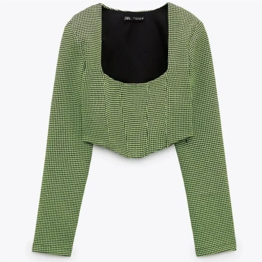 Zara Houndstooth Corset Cropped Top Bloggers Favorite Neon Green Black Small